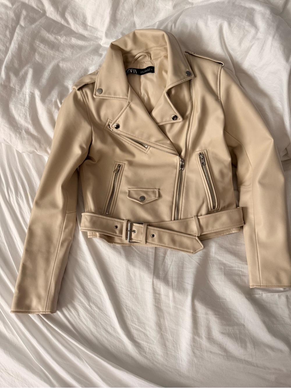 ZARA Beige Vegan Leather Biker Jacket